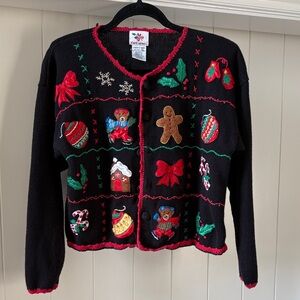 Holiday Black Cardigan with Festive Motifs